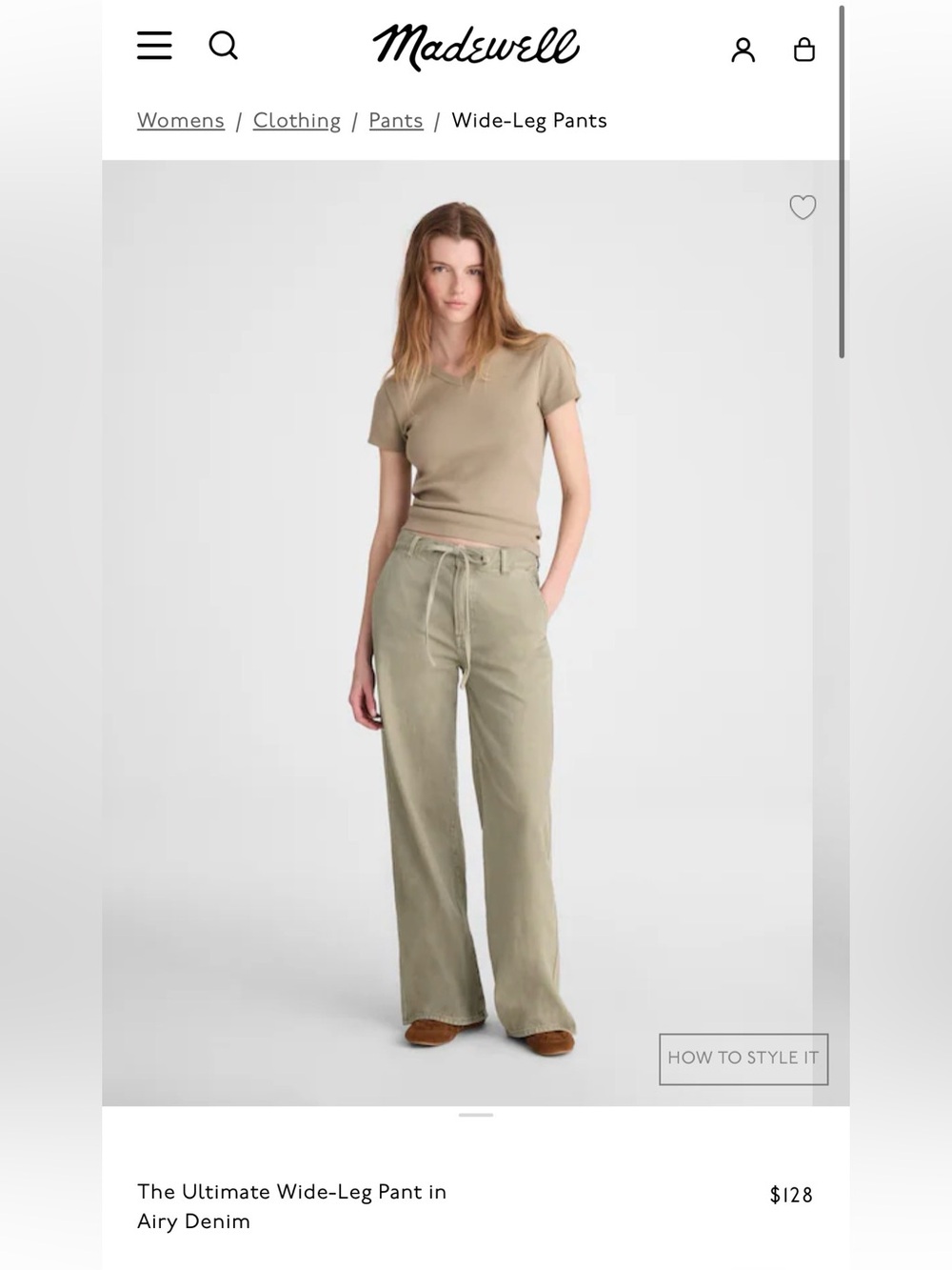 Madewell Wide-Leg Drawstring Pants in Sage M size